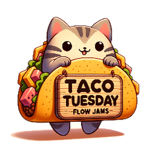TacoCat, a cat tucked inside a taco holding a Taco Tuesday Flow Jams sign